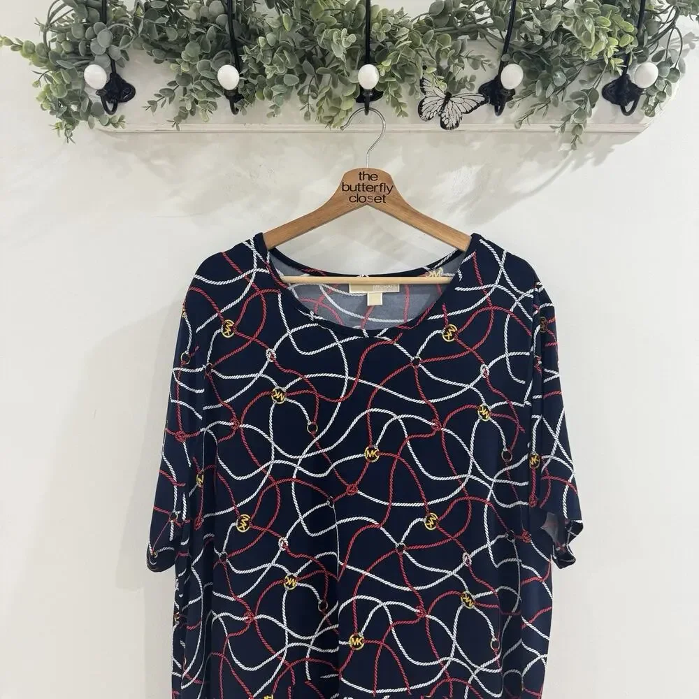 Michael Kors Handkerchief Logo Rope Print Border Dress Midnight Blue Size 3X QQ3